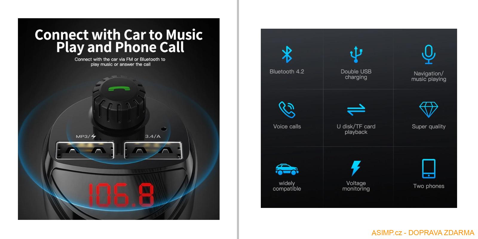3.4 A duální USB autonabíječka - Bluetooth, MP3, TF karta / A-001023