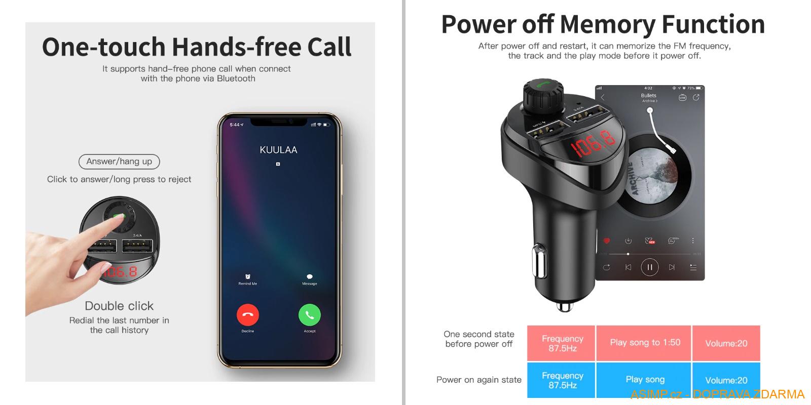 3.4 A duální USB autonabíječka - Bluetooth, MP3, TF karta / A-001023