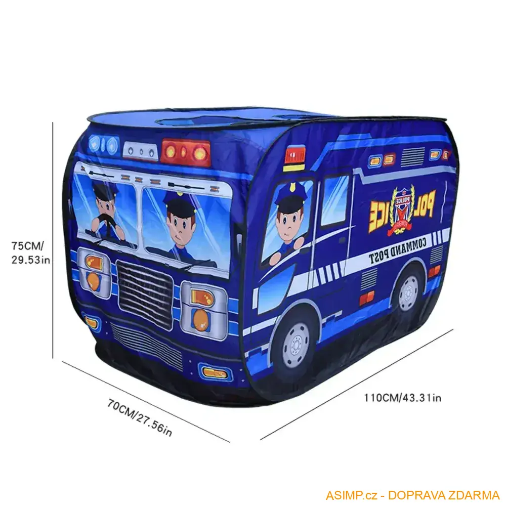 Stanový domek, policejní auto se střešním oknem