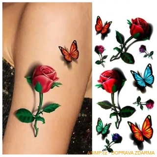 3D dočasné tetování - Růže a motýlci / A-001475 / DOPRAVA ZDARMA